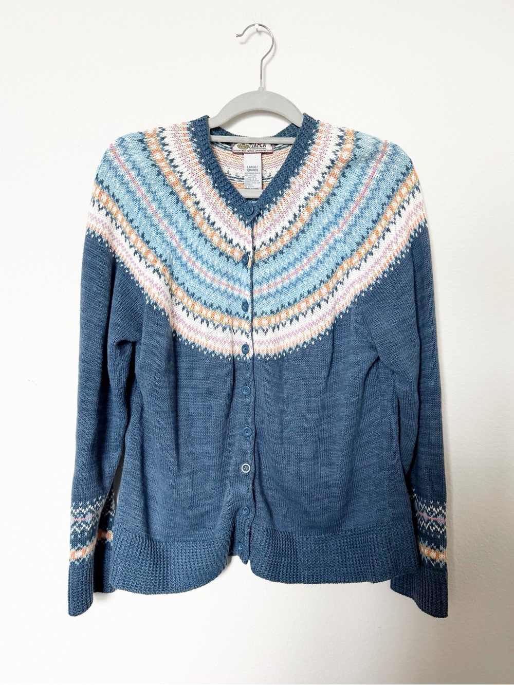 Vintage Tiara International Fair Isle Cardigan Sweater Ramie Cotton Large